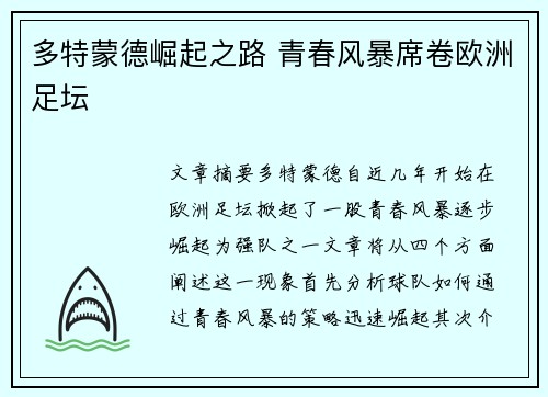 多特蒙德崛起之路 青春风暴席卷欧洲足坛 多特蒙德崛起之路 青春风暴席卷欧洲足坛